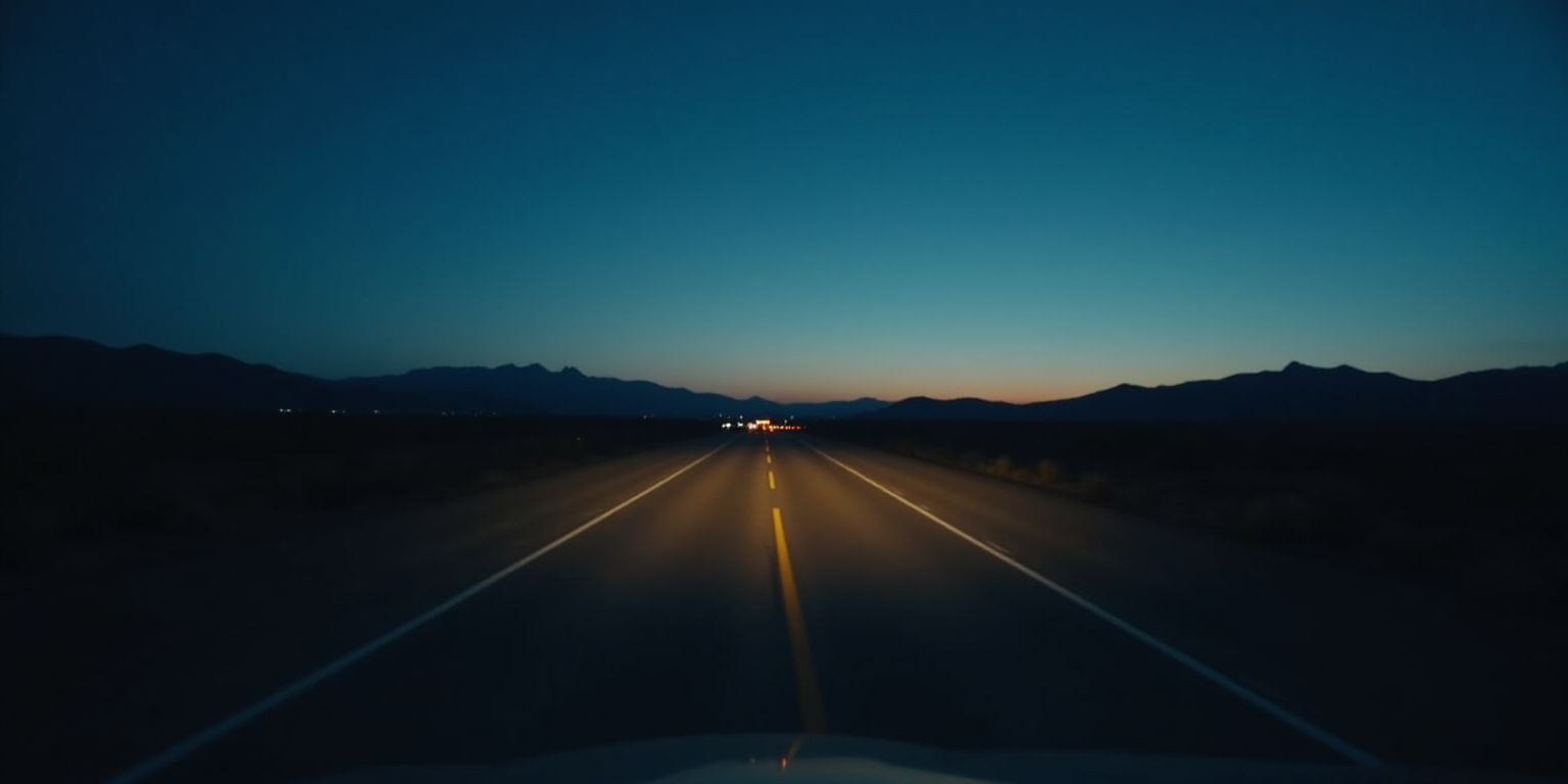 An empty desert highway at dusk, heading toward the last light on the horizon.